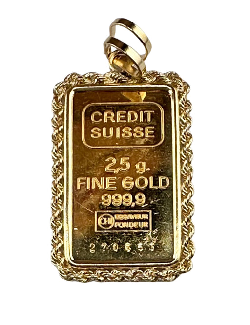 Jewelry - 999 Fine Gold Credit Suisse 2.5 Gram Bar Pendant Ingot In 14K Frame- 3.85g