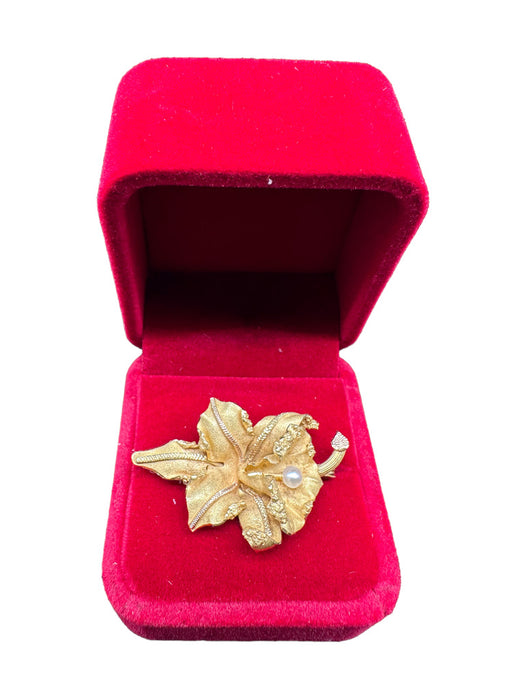 Elegant 18K Yellow Matt Orchid Brooch with Pearl. 1.7”-EZ Jewelry and Decor