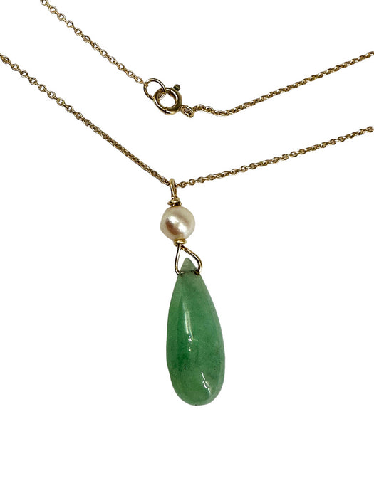 Necklace in 14K Gold with Jade and pearl Pendant on Delicate Chain-EZ Jewelry and Decor