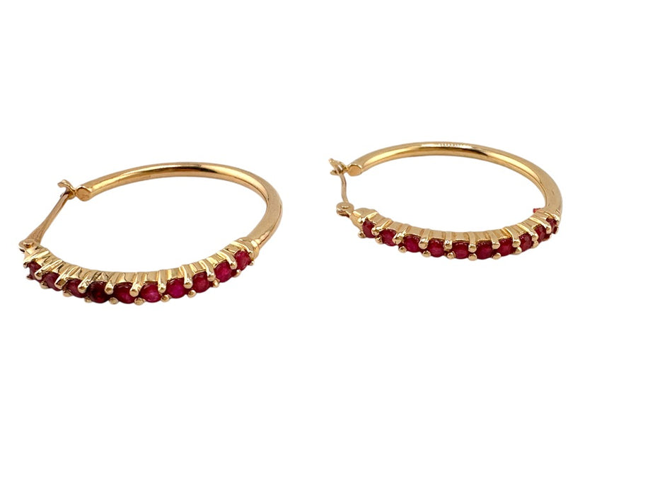 Ruby Hoop Earrings in 14K Yellow Gold, 1 in, 15th Anniversary,July Birthstone 