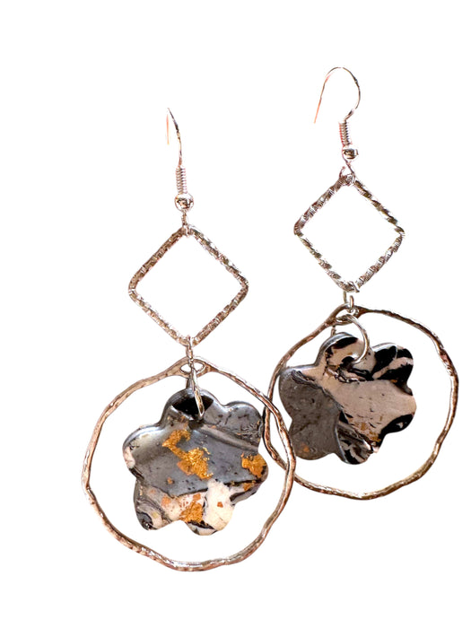 Handmade Modern Earrings, Polymer Clay Geometric Floral Earrings. Black , Silver, White & Gold. 3”h