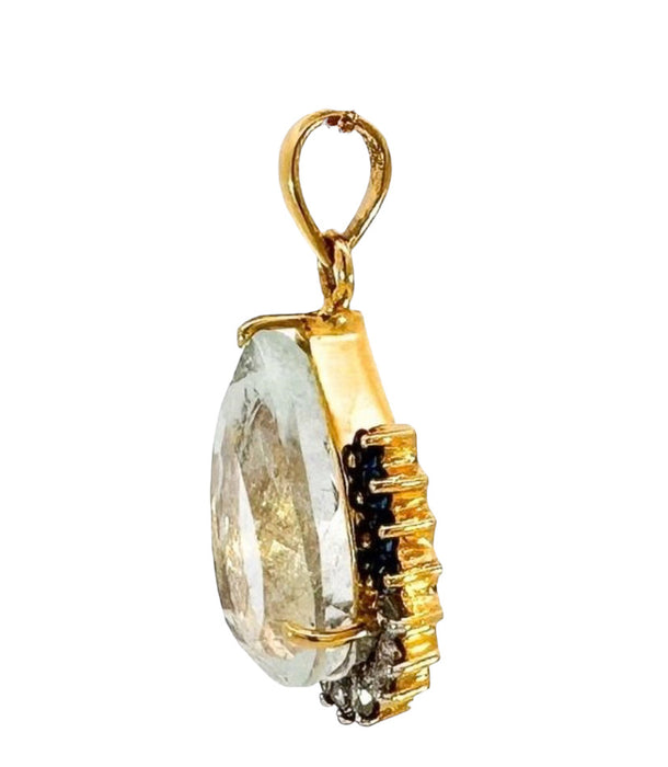 Natural Aquamarine, Sapphire & Diamond Drop Pendant , 13.7ct, 14k Yellow Gold certified-EZ Jewelry and Decor