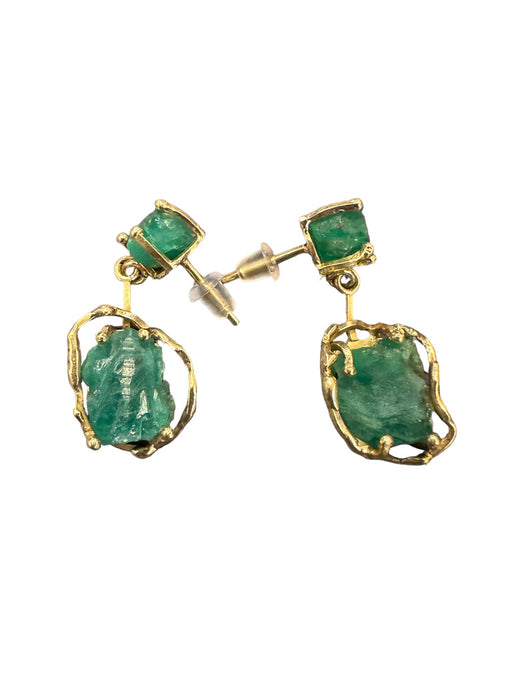 18K Gold Raw Opaque Emerald Earrings, Dangling Green Emerald and Gold Earrings. 1.26" T-EZ Jewelry and Decor