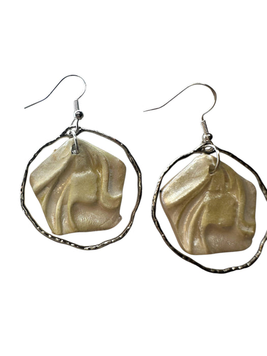 Abstract Face Earrings Polymer Clay Handmade, Modern Earrings, Yellowish Pearl Clay with Silver tone Circle
