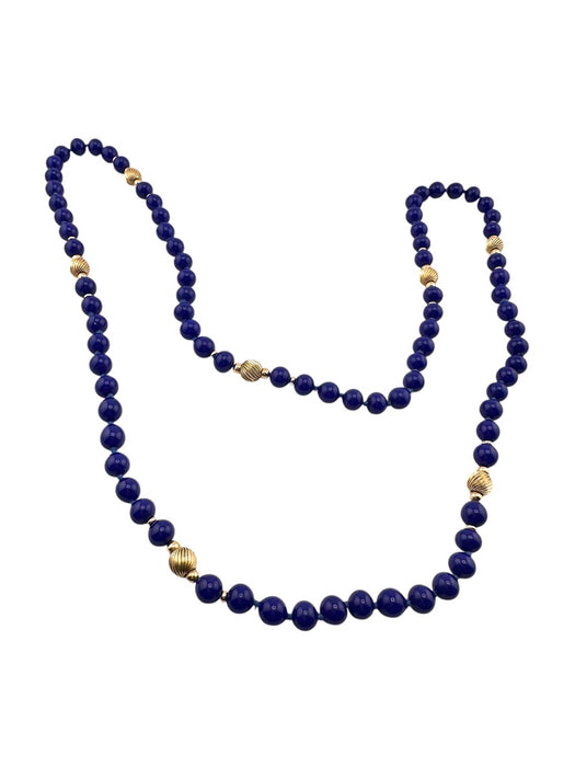 14K Yellow Gold Fine Blue Lapis Lazuli Beaded Necklace, 32"-EZ Jewelry and Decor