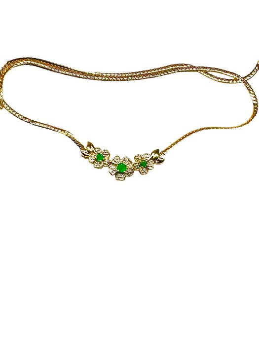 14K Gold Emerald & Diamond Necklace.Flower Design 17.5" . Made in Italy-EZ Jewelry and Decor