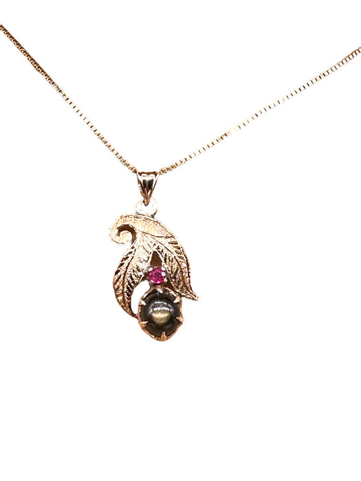 Necklace 18k Gold & Ruby Pendant Necklace with a Smoky Quartz Gemstone in Center, 1in, with 14k Chain. 15"-EZ Jewelry and Decor