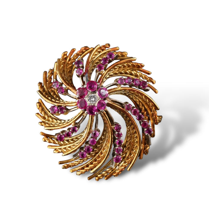 18K Rose Gold Italian Swirl Brooch with Rubies and Diamonds, 17.40g.