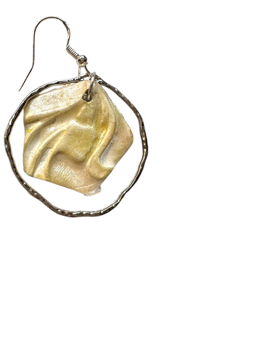 Abstract Face Earrings Polymer Clay Handmade, Modern Earrings, Yellowish Pearl Clay with Silver tone Circle