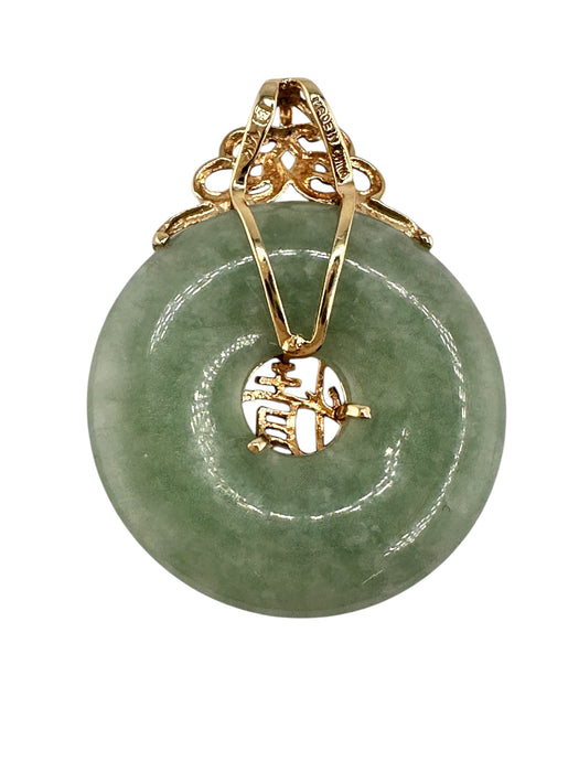 14K Jade Disk Pendant , Good Fortune Pendant 1.26 Inch Tall. Chinese Hand Crafted Jewelry