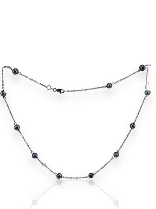 14K White Gold & Natural Black Pearl Choker Necklace. 16"-EZ Jewelry and Decor