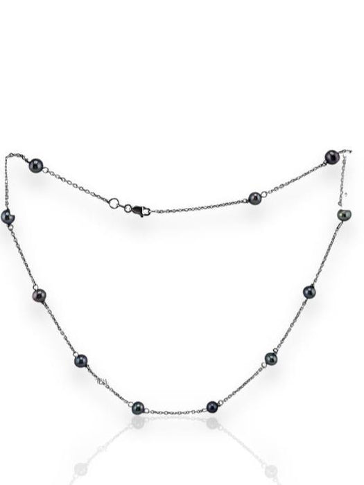 14K White Gold & Natural Black Pearl Choker Necklace. 16"-EZ Jewelry and Decor