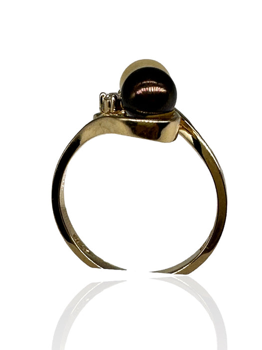 Ring with White and Brown Pearl and Diamond in 14k Gold,Size 6.6