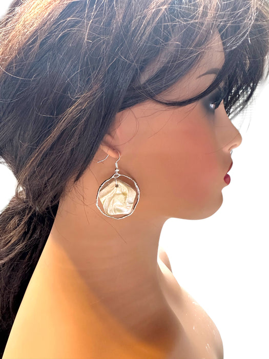 Abstract Face Earrings Polymer Clay Handmade, Modern Earrings, Yellowish Pearl Clay with Silver tone Circle