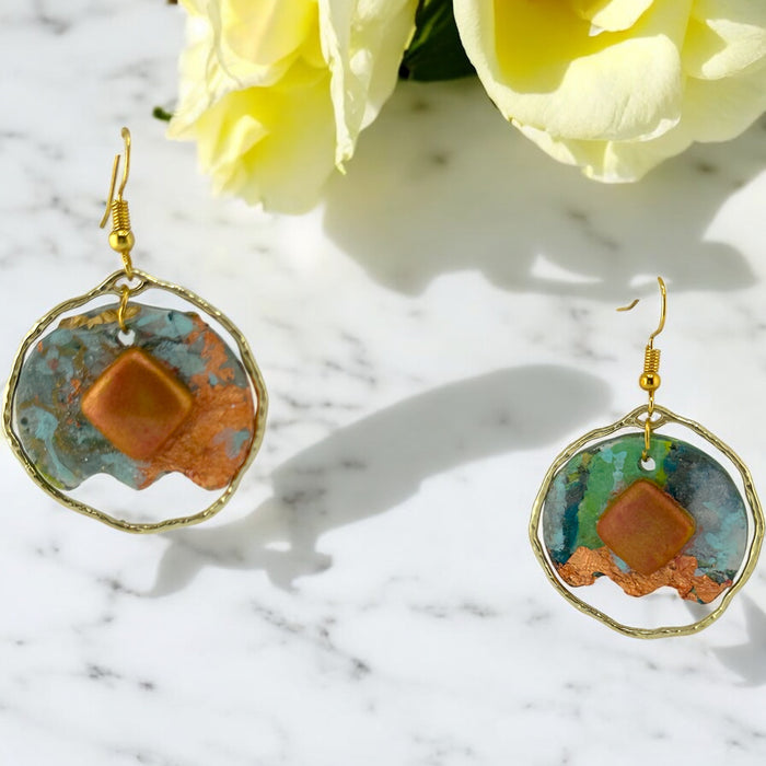 Floral Modern Dangle Earrings – Handmade Polymer Clay Earrings with Metallic Accents, Lightweight 2.2”