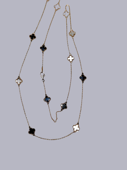 18k Gold Clover Necklace With Mother of Pearl and Onyx , 13 Motifs 32in Necklace-EZ Jewelry and Decor