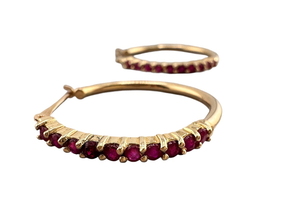 Ruby Hoop Earrings in 14K Yellow Gold, 1 in, 15th Anniversary,July Birthstone 