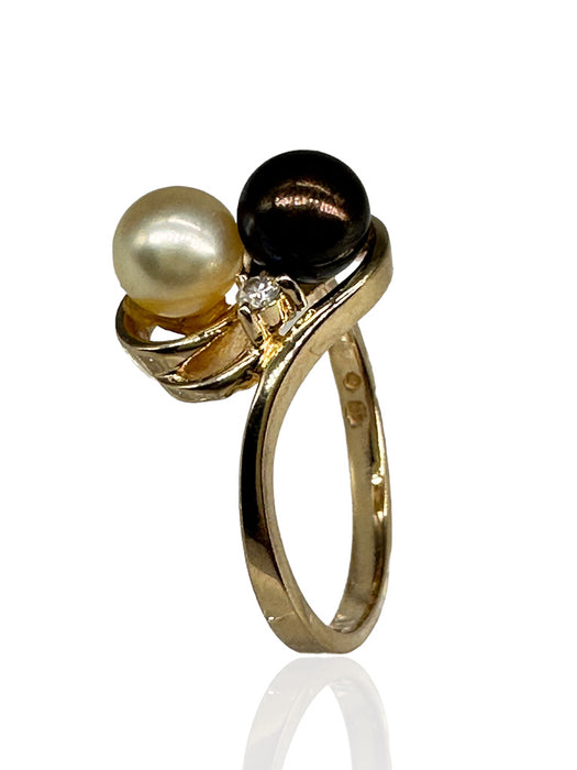 Ring with White and Brown Pearl and Diamond in 14k Gold,Size 6.6