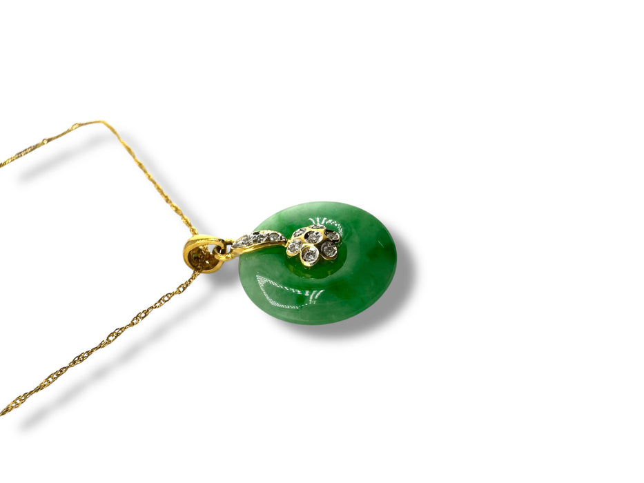 1in T. Pendant  Gold, Diamond and Jade, Good Fortune Necklace