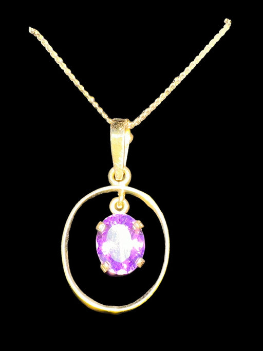 18k Gold and Purple Amethyst Pendant Necklace with 14K Gold Flat Chain Necklace 16”-EZ Jewelry and Decor