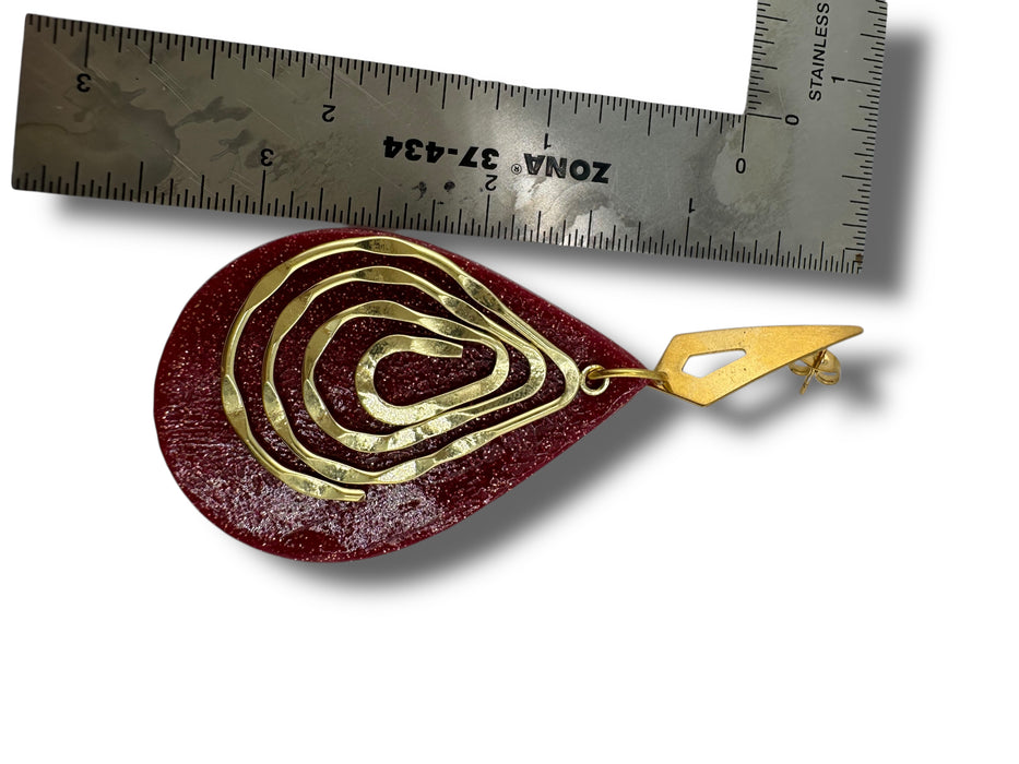 Red Gold Geometric Teardrop Statement Earrings – Handmade Polymer Clay , 3.5”