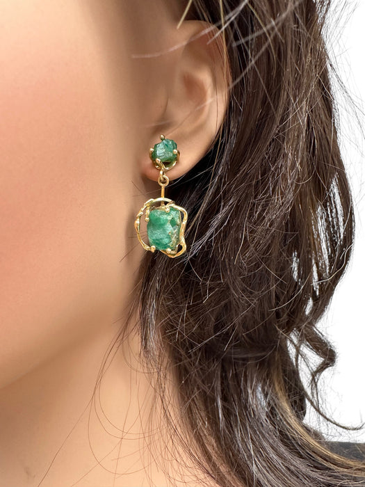 18K Gold Raw Opaque Emerald Earrings, Dangling Green Emerald and Gold Earrings. 1.26" T-EZ Jewelry and Decor