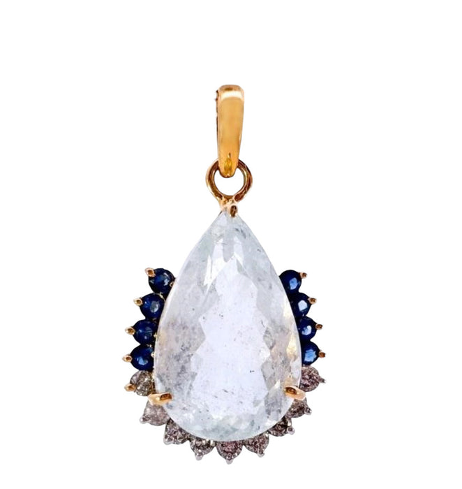 Natural Aquamarine, Sapphire & Diamond Drop Pendant , 13.7ct, 14k Yellow Gold certified-EZ Jewelry and Decor