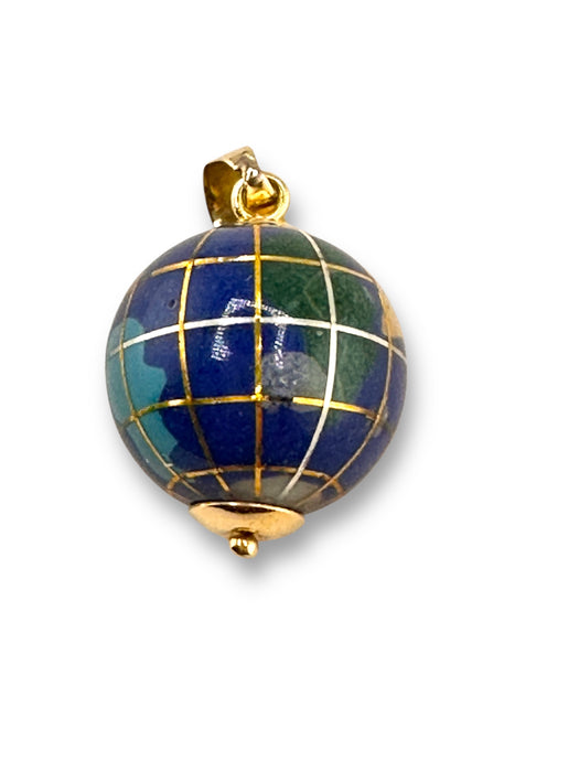 18K Gold Blue Globe Pendant Gold and Enamel Globe Pendant, 5.3g Half inch