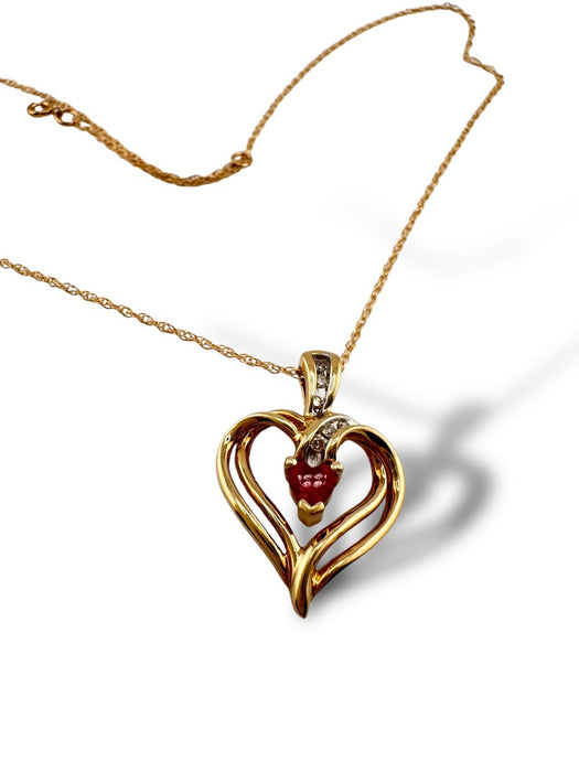 Pendant Necklace in Ruby & Diamond Swirl Heart Pendant 10k Yellow Gold-EZ Jewelry and Decor