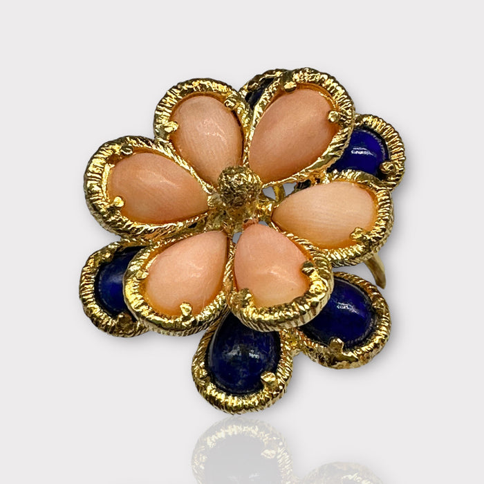 Unique 18k Gold Peach and Blue Flower Design Ring With Lapis & Coral, Size 6.5.