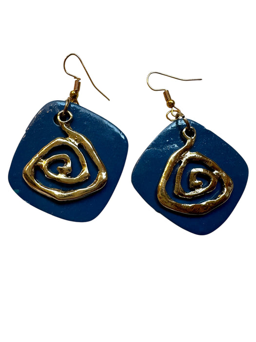 Handmade Modern Earrings, minimalist, Geometric polymer clay, Blue and Gold, 2.5"