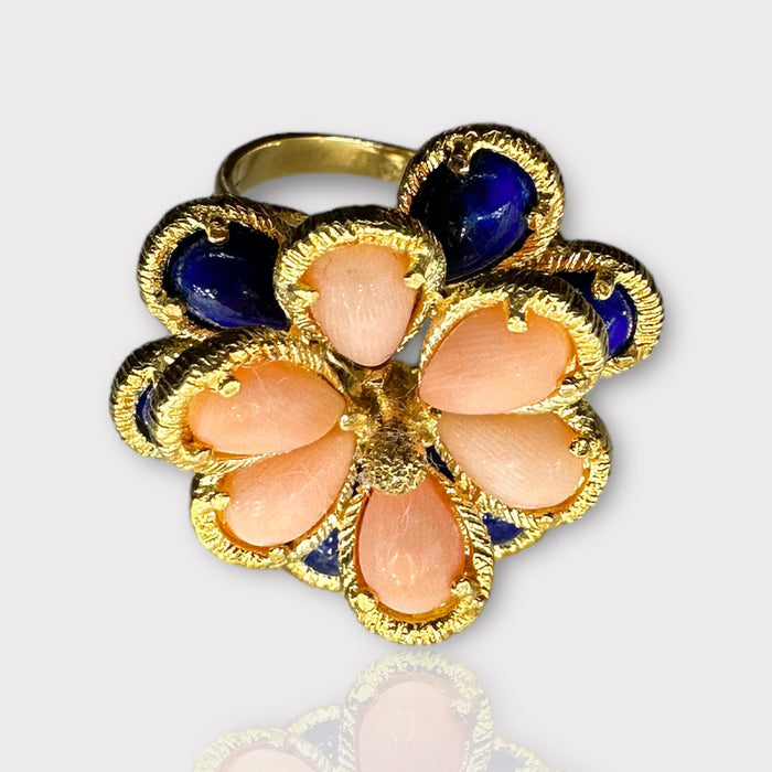 Unique 18k Gold Peach and Blue Flower Design Ring With Lapis & Coral, Size 6.5.