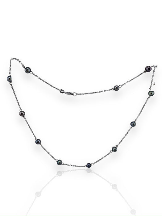 14K White Gold & Natural Black Pearl Choker Necklace. 16"-EZ Jewelry and Decor