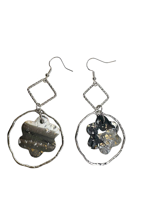 Handmade Modern Earrings, Polymer Clay Geometric Floral Earrings. Black , Silver, White & Gold. 3”h