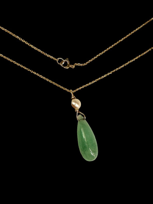 Necklace in 14K Gold with Jade and pearl Pendant on Delicate Chain-EZ Jewelry and Decor