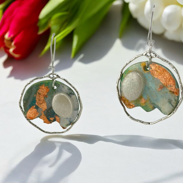 Floral Modern Dangle Earrings – Handmade Polymer Clay Earrings with Metallic Accents, Lightweight 2.2”