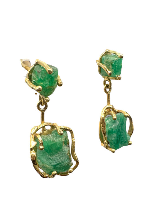 18K Gold Raw Opaque Emerald Earrings, Dangling Green Emerald and Gold Earrings. 1.26" T-EZ Jewelry and Decor