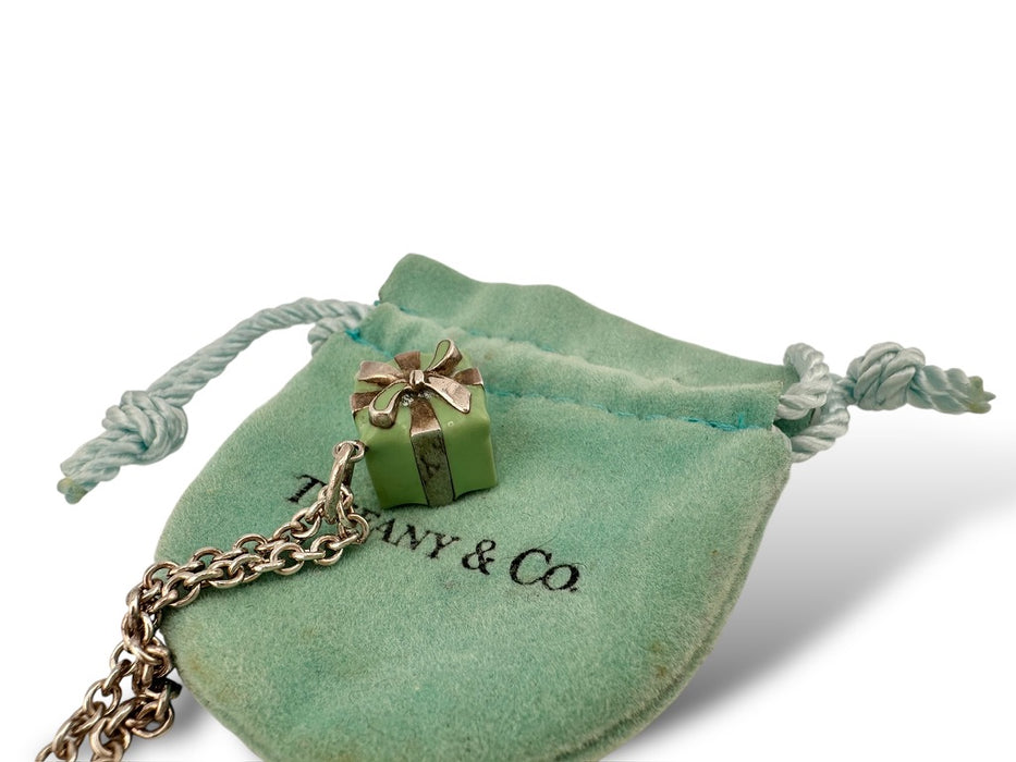 Vintage Tiffany & Co. Present Pendant with Vintage Tiffany And Co 16” Long Sterling Silver Chain Necklace, Gift box: .5”