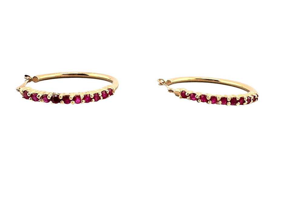 Ruby Hoop Earrings in 14K Yellow Gold, 1 in, 15th Anniversary,July Birthstone 