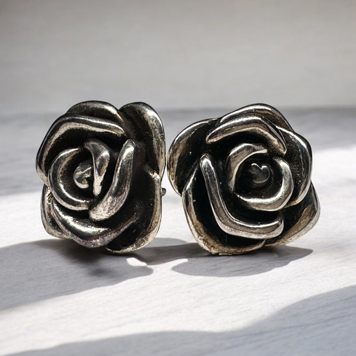 Sterling Silver Rose Earrings and Ring Set , Ring size 6.