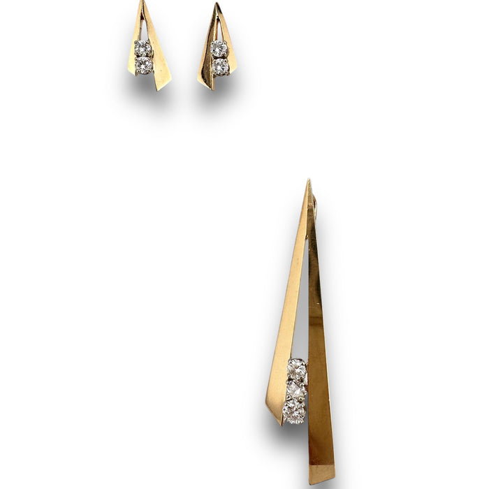 Modern Diamond and 14k Gold Set of Pendant 2.2 in and Earrings .75 in,  Three Diamond on pendant, 2 on each earrings