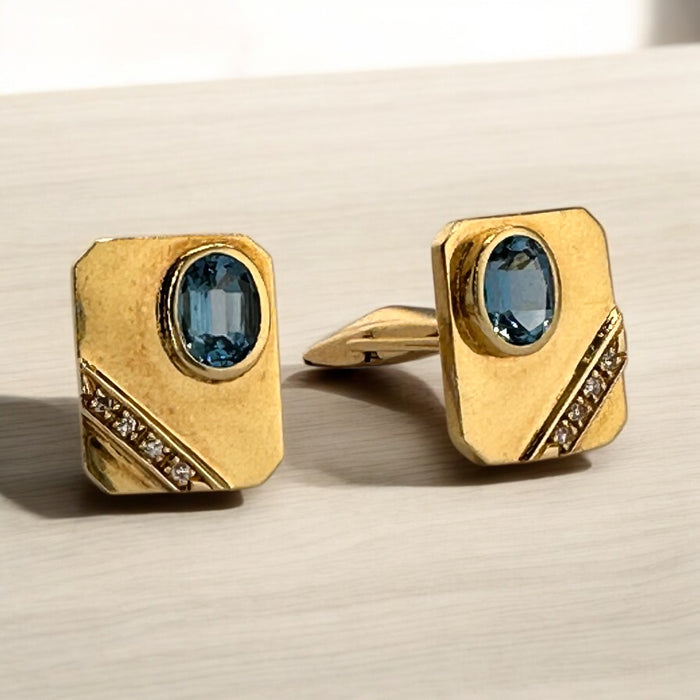 18k Gold , Blue Topaz, and Diamond Cufflinks 8.73 grams. A Gift for a Classy Man