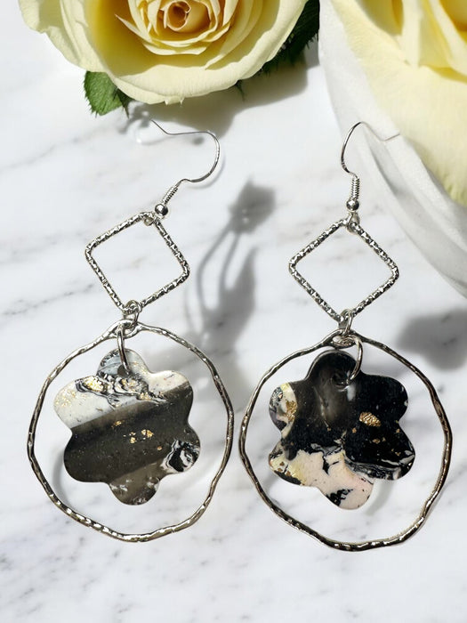Handmade Modern Earrings, Polymer Clay Geometric Floral Earrings. Black , Silver, White & Gold. 3”h
