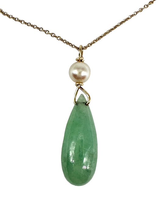 Necklace in 14K Gold with Jade and pearl Pendant on Delicate Chain-EZ Jewelry and Decor