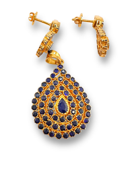 22k Gold and Sapphire Drop Design Set of Earring and Pendant . Buy as Set or Separately  18.74g