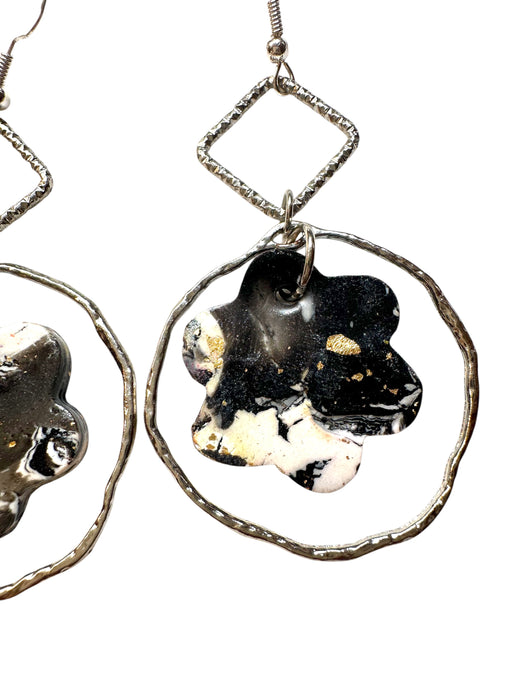 Handmade Modern Earrings, Polymer Clay Geometric Floral Earrings. Black , Silver, White & Gold. 3”h