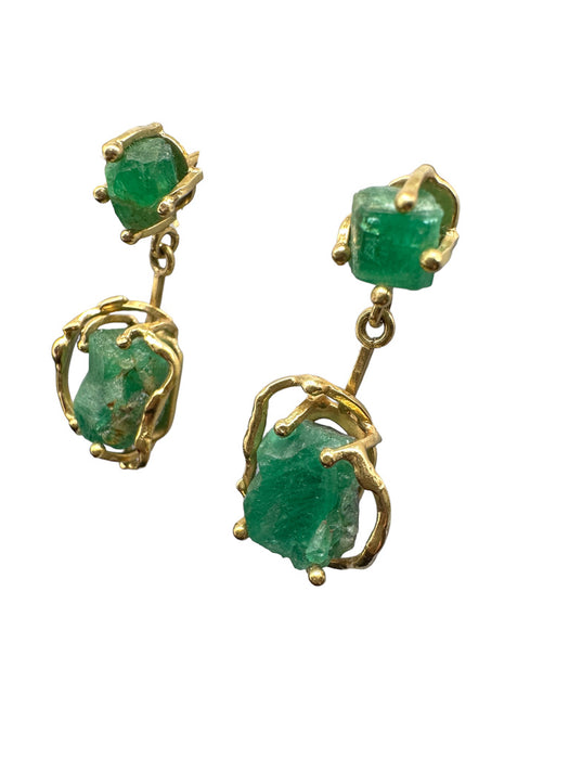 18K Gold Raw Opaque Emerald Earrings, Dangling Green Emerald and Gold Earrings. 1.26" T-EZ Jewelry and Decor