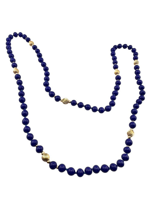 14K Yellow Gold Fine Blue Lapis Lazuli Beaded Necklace, 32"-EZ Jewelry and Decor