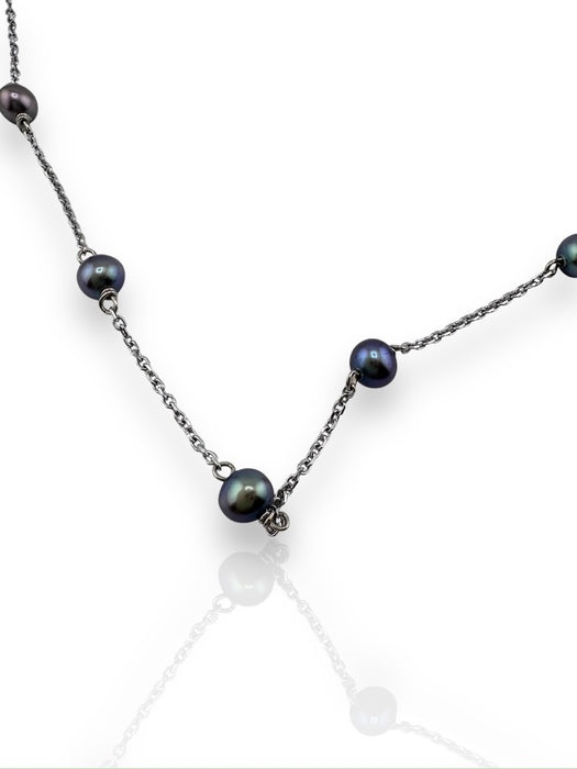 14K White Gold & Natural Black Pearl Choker Necklace. 16"-EZ Jewelry and Decor