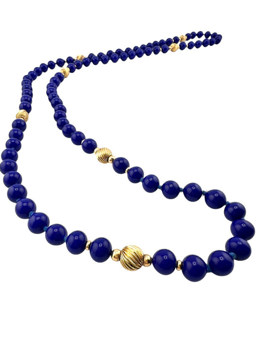 14K Yellow Gold Fine Blue Lapis Lazuli Beaded Necklace, 32"-EZ Jewelry and Decor